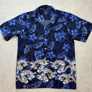 Y2K 2000s Japanese Dragon AOP Button Up Shirt Mens Small Floral Hawaiian Beach